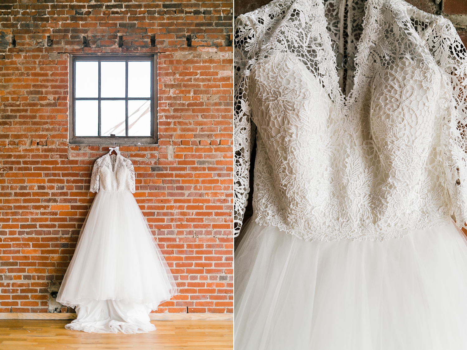 Classic ballgown dress with royal wedding vibes hung under window at the standard knoxville with exposed brick