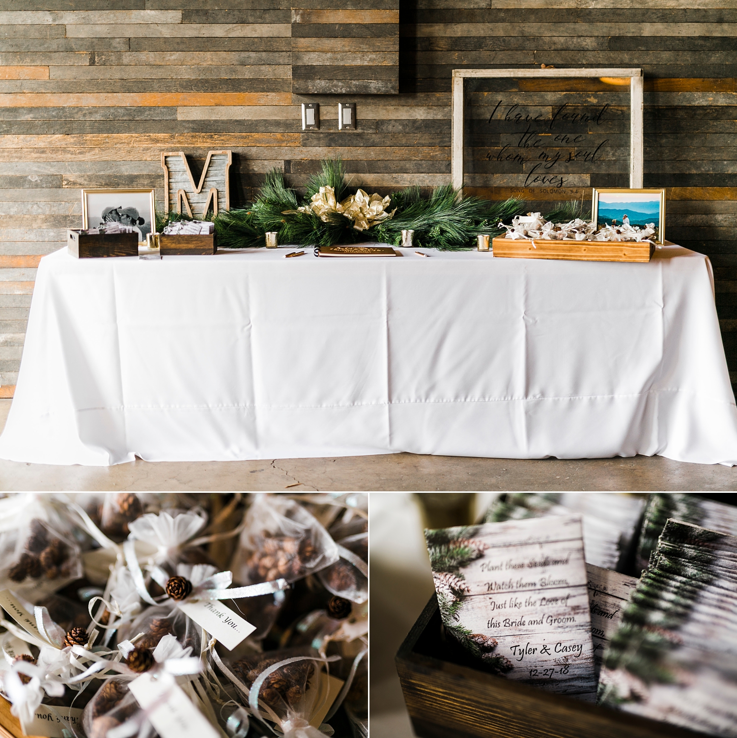 guest wedding favor table with seed packets for winter wedding