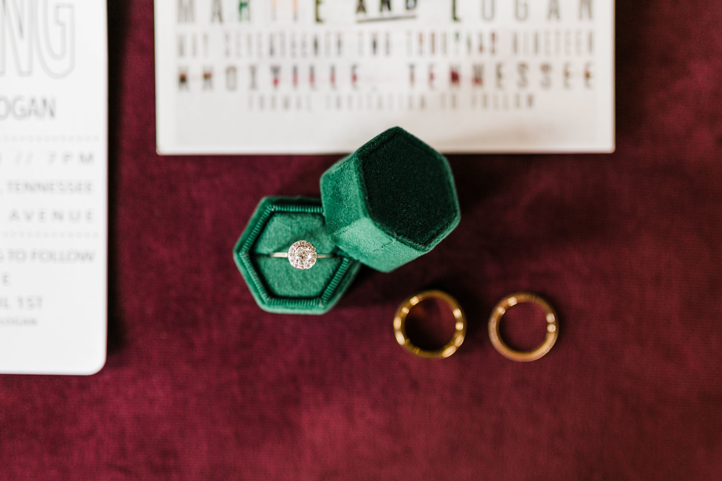 wedding bangs with green ring box