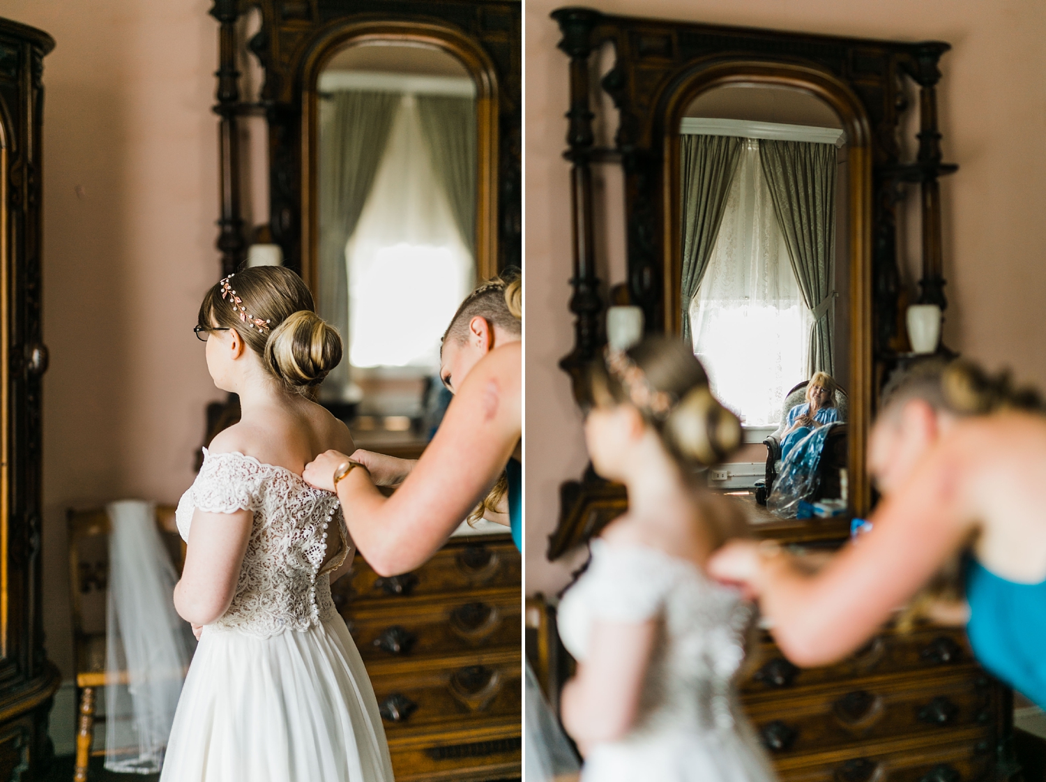 bride getting ready in bridal suite at historic bleak house knoxville