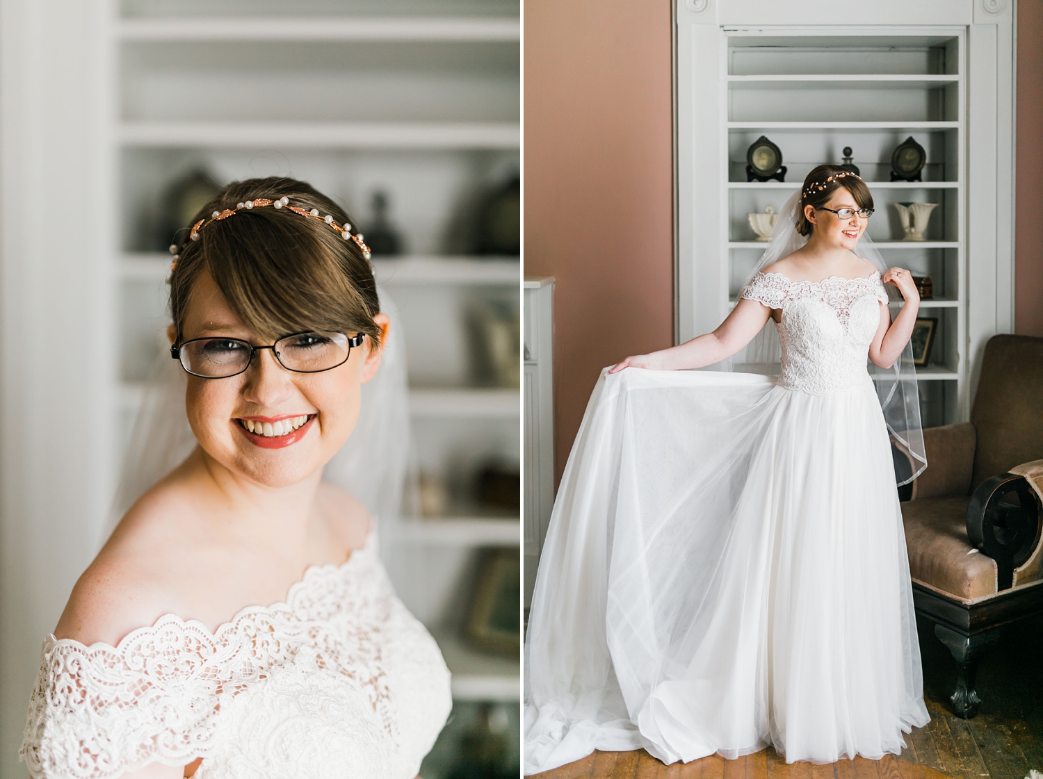 brunette bride with glasses in pink bridal suite at bleak house