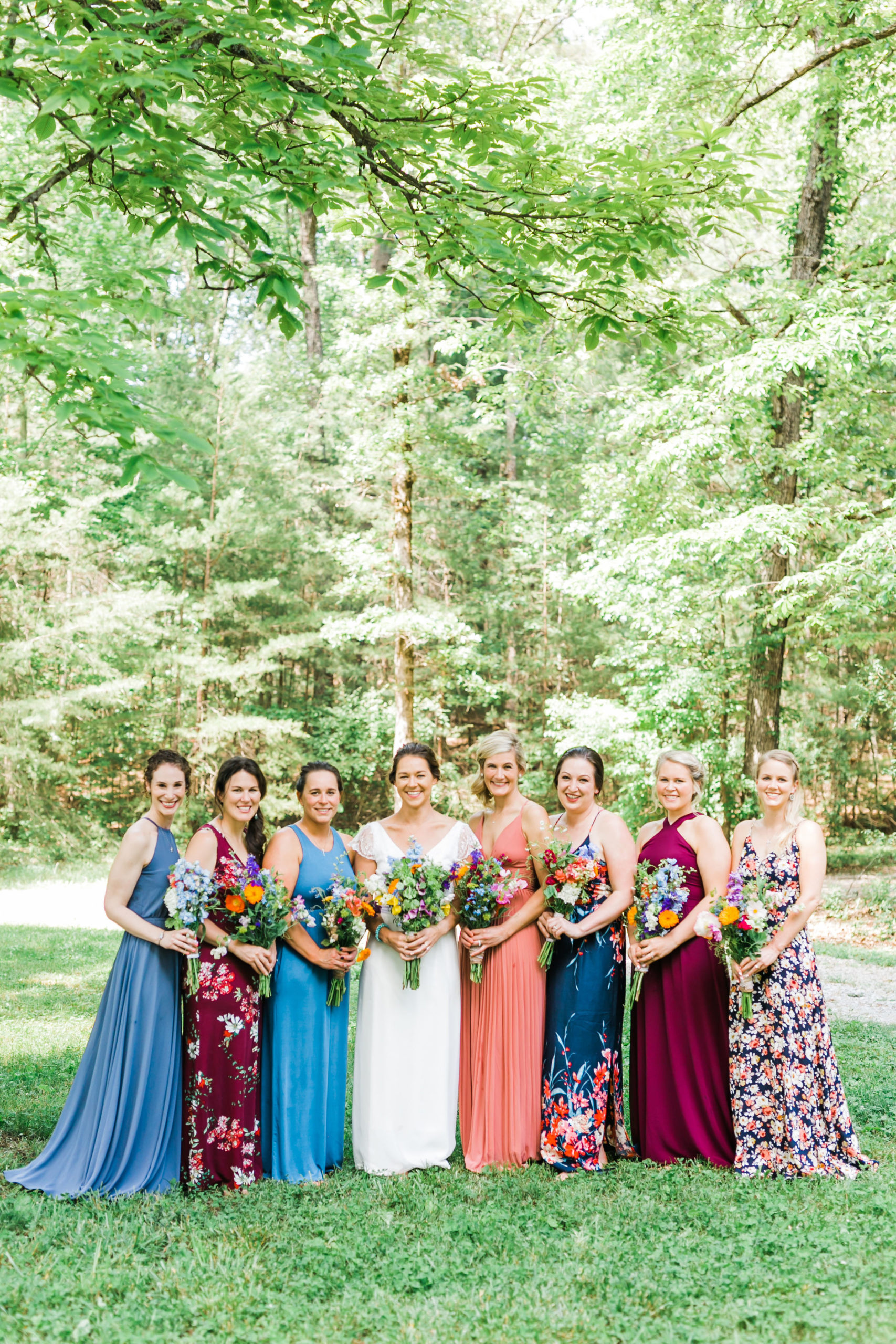 mismatched jewel toned bridesmaid dresses wildflower bouquet knoxville wedding 