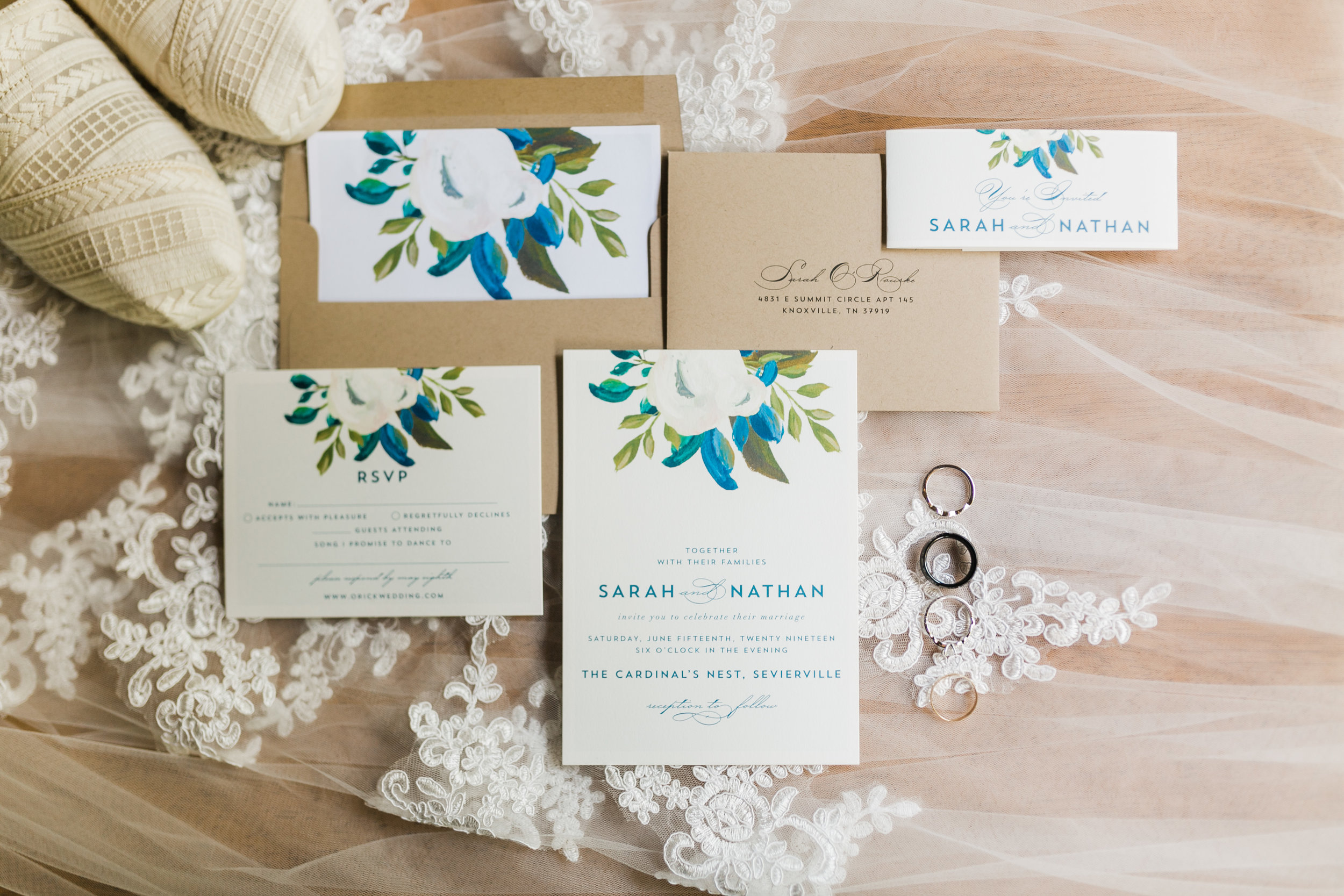 blue floral invitation suite Kraft paper
