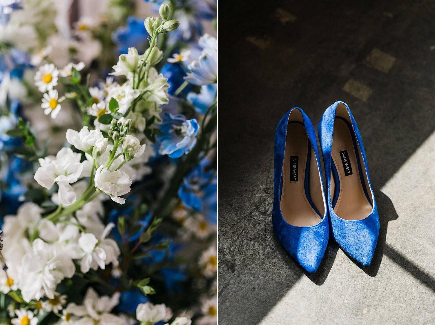 blue shoes and matching flowers wedding day