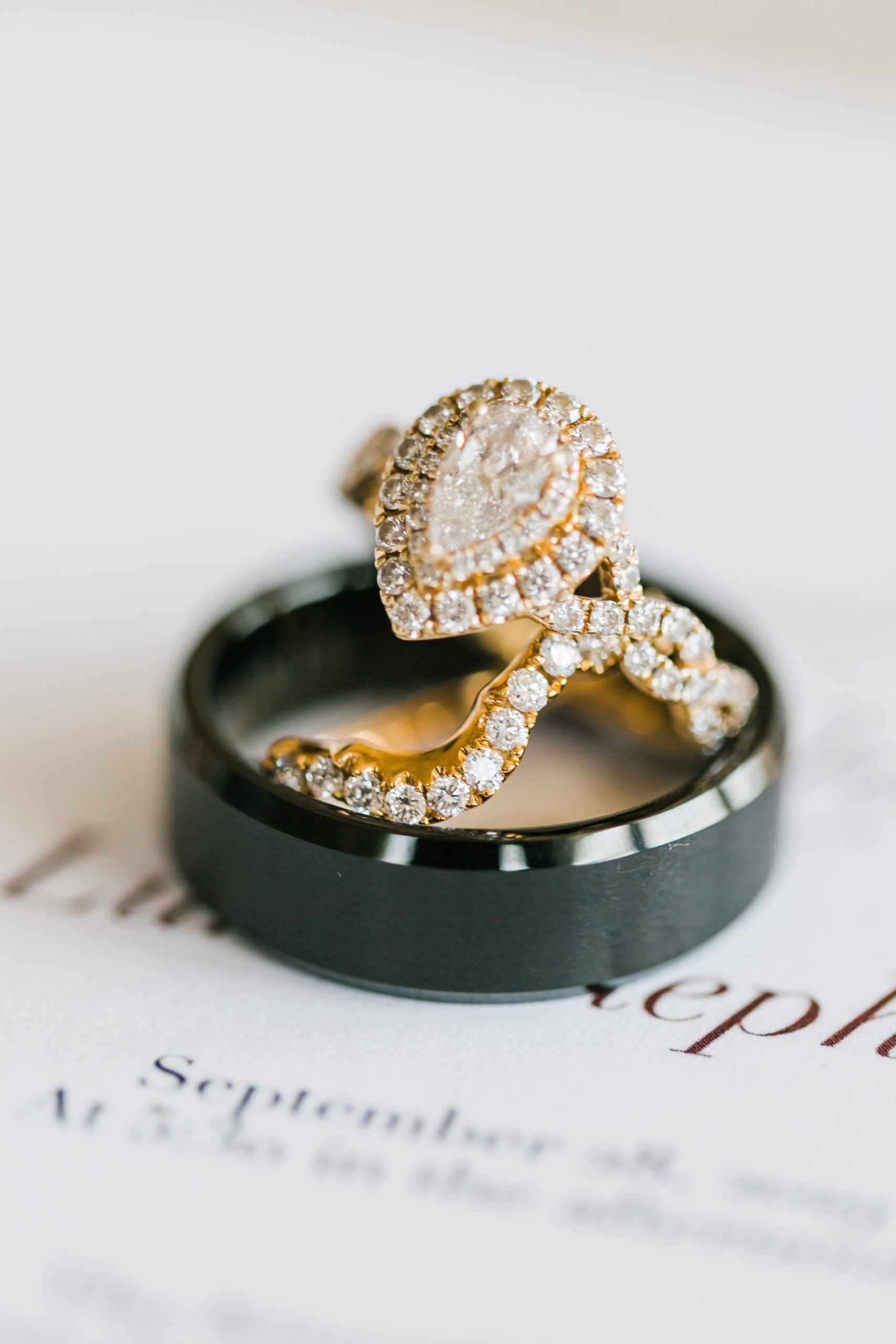 ring stack gold and black wedding pear shaped