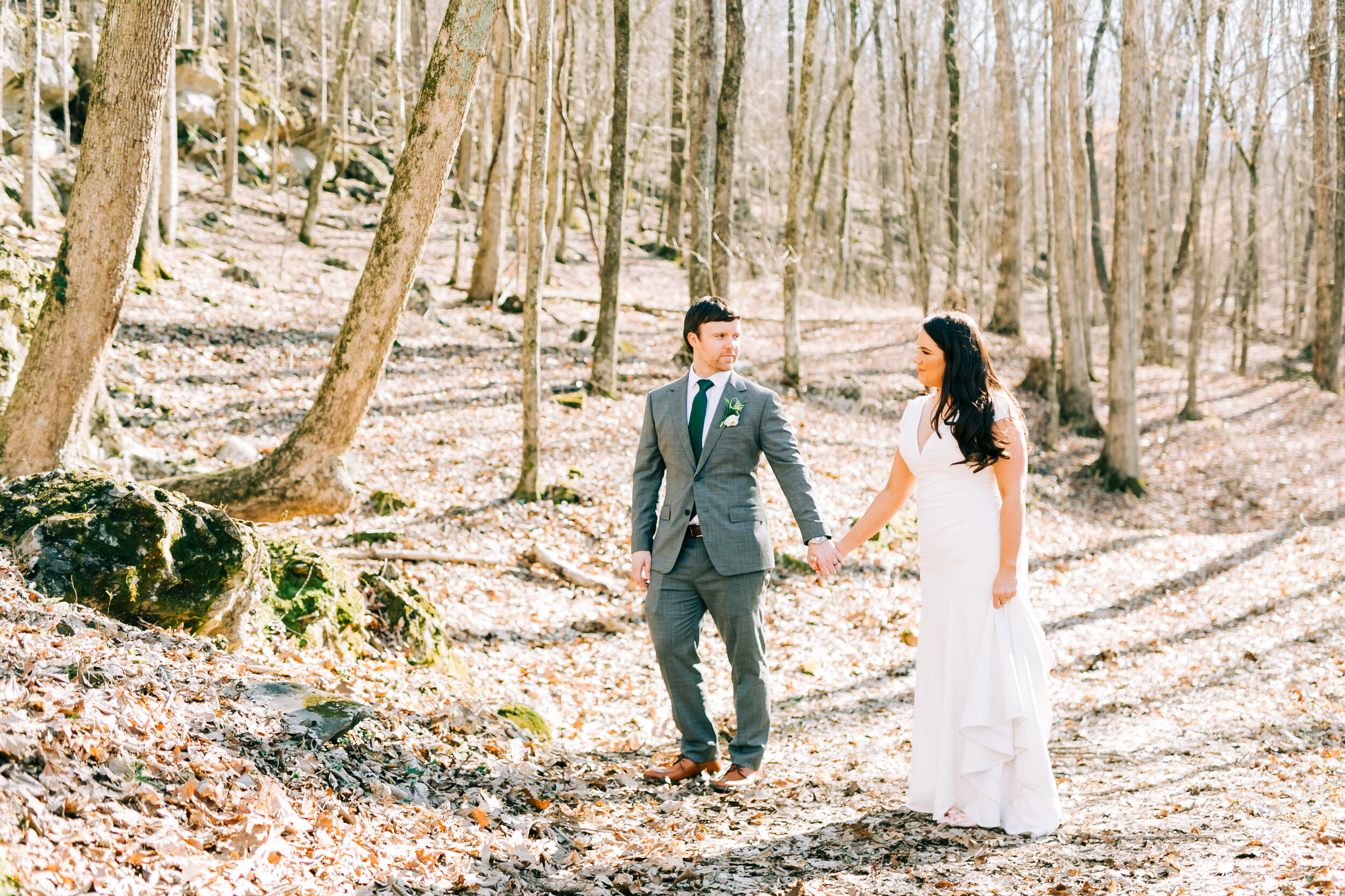 bride and groom in woods spring oakleaf cottage
