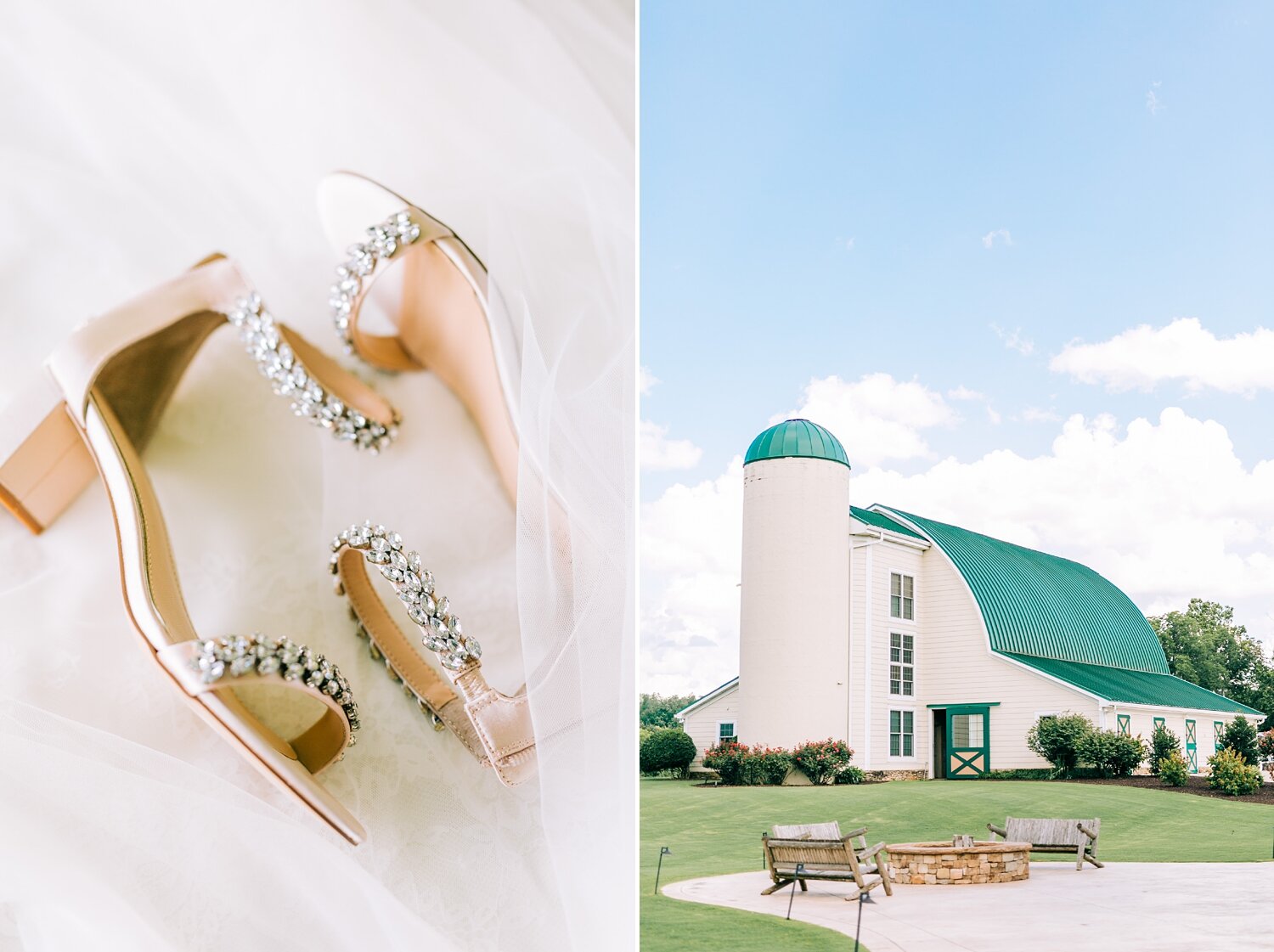 wedding shoes on tulle and barn at marblegate